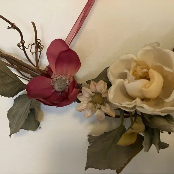 Pink & Cream Roses Grapevine Doorway Swag 34” - Picture 2 of 3